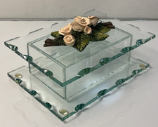 Vintage Glass Jewelry Trinket Box Rose Floral Lid Scalloped Edge 6x4x3