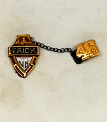 Frick 1948 gold Toned Metal jr High School Pin Granat Bros jewelers Oakland Ca