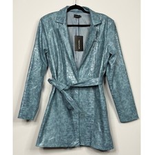 PrettyLittleThing Pale Blue Croc PU Trench Coat / Blazer Dress / Size-12