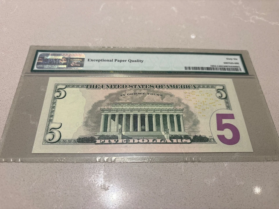 2009 $5 Federal Reserve Note San Francisco EPG 66 Gem Uncirculated Fr.1994-L - Image 2 of 2