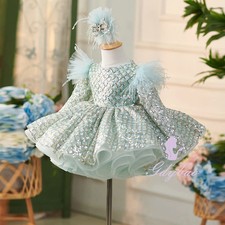 Green Flower Girl Dress O-neck Shining Tulle Puffy Baby Kids Birthday Party Gown