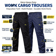Mens Work Cargo Trousers Heavy Duty Polycotton Non Elasticated Waist Work Pants