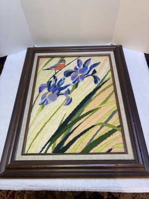Vintage Crewel Embroidery Art Bird On Iris Flowers 20.5 X 16.5  Full Yarn Unique