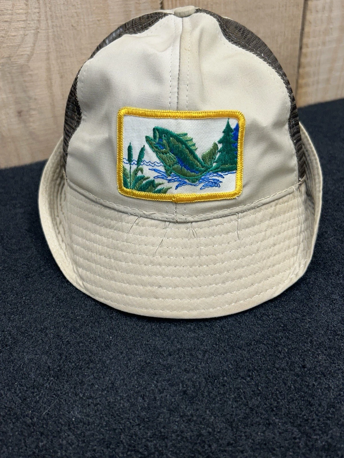 Vintage Fishing Bucket Hat Mens Size Small Tan Mesh Made In USA