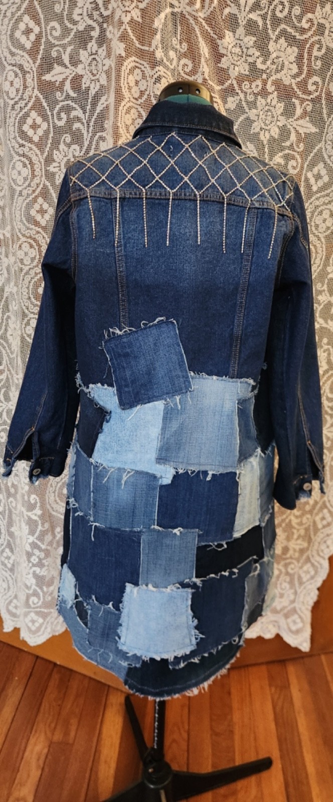 Upcycled Midi Denim Patchwork & Rhinestone Coat J… - image 4