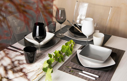 Eclipse Servizio Piatti Quadrati 18 Pezzi, Ceramica, Bianco, Nero E Grigio - Foto 6 di 12