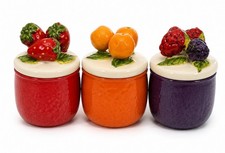 Vintage 3 Preserve Pots Strawberry Orange Blackberry Retro Gift homeware decor
