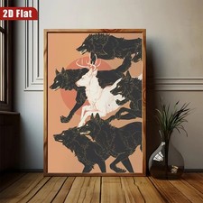 Mystical White Deer Black Wolf Gothic Canvas Art Framed Dark Fantasy Wall Decor