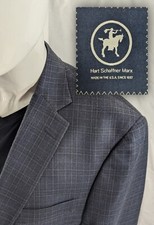 Hart Schaffner MARX Wool Blazer Suit Jacket Pale Blue Wool Checked 46L 50 Chest