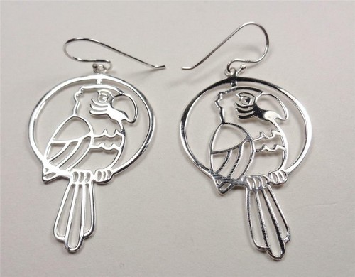 STERLING SILVER PARROTHEAD ISLAND TROPICAL PARROT BIRD ON PERCH ANIMAL EARRINGS - Picture 2 of 9