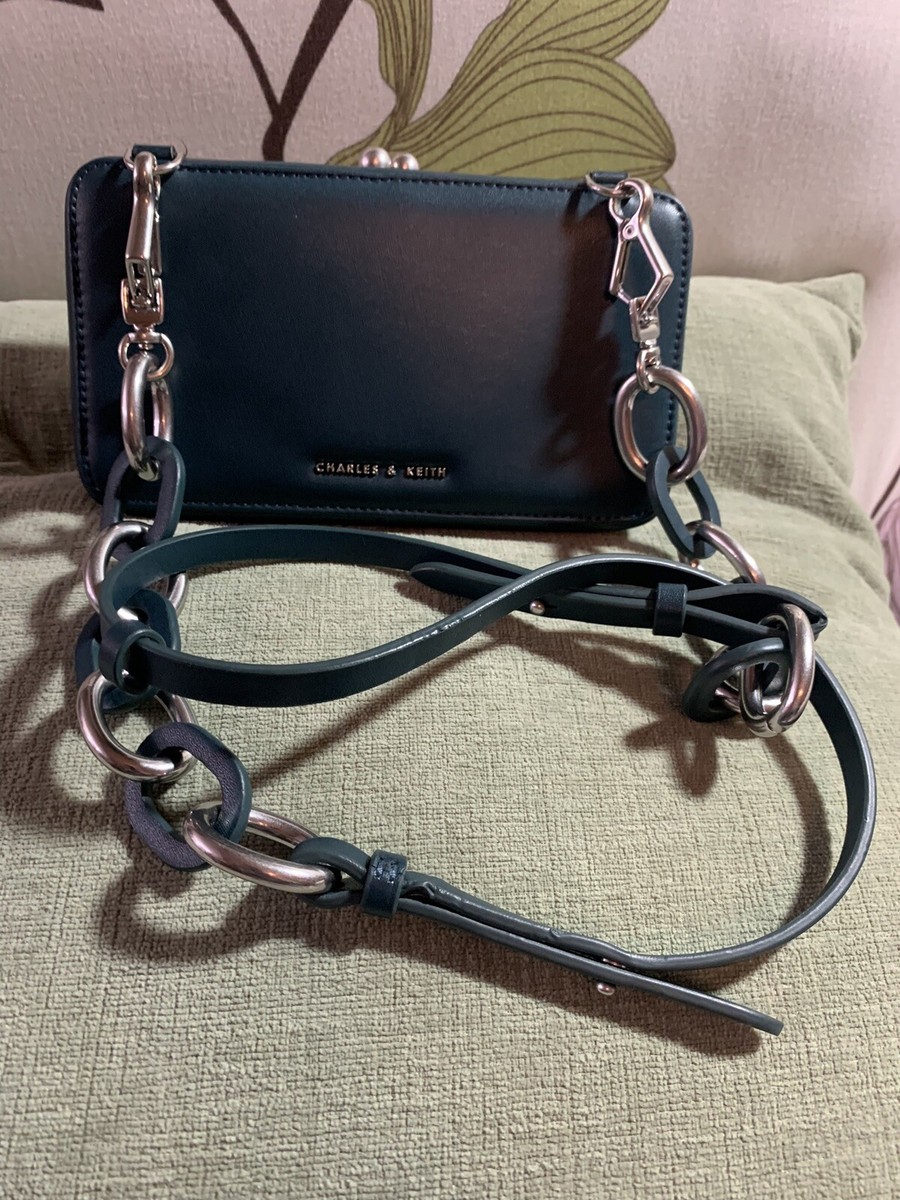 Charles Keith Small Hard Purse Crossbody Deep Sage Teal Link Strap
