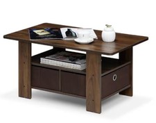 Walnut Finish Wooden Coffee Table 2 Brown Storage Bins Drawers Magazines Dorm