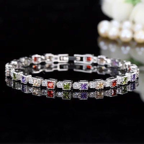 Bracciale donna tennis multicolore taglio principessa 9 ct placcato oro bianco 14 kt .925 - Foto 4 di 7