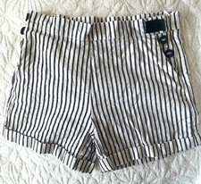 Jacadi Girls 8 Navy Blue Cream Off White Cotton Linen Striped Stripe Shorts New