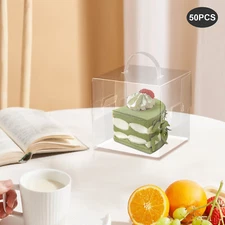 50 Pcs Clear Cake Boxes, Square Clear Cake Boxes, Cake Carrier with Handle