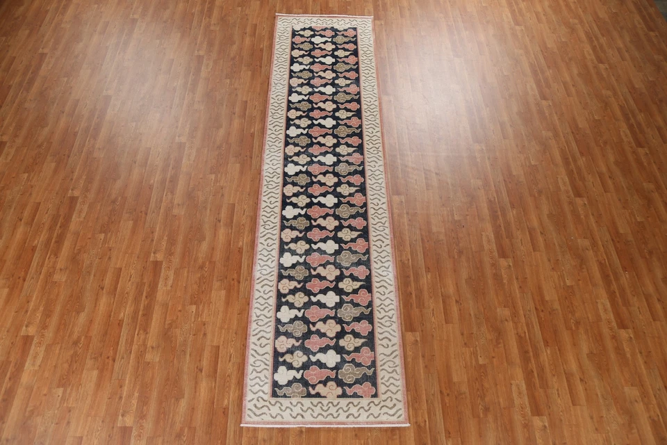 Navy Blue/ Ivory Geometric Art Deco Turkish 3x12 Runner Rug Hand-knotted Carpet - Image 2 of 4