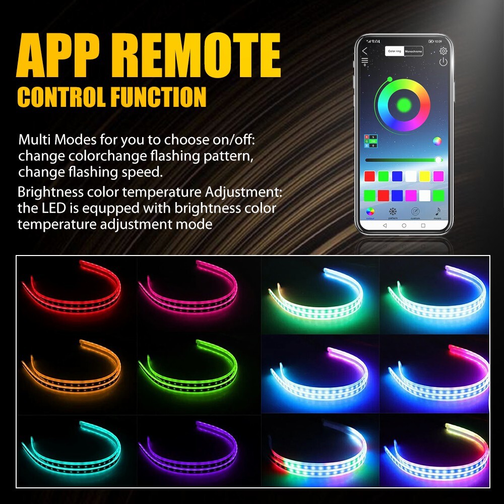 2X Car Headlight 60cm APP RGB Sequential Flexible LED DRL Daytime Running Strip
