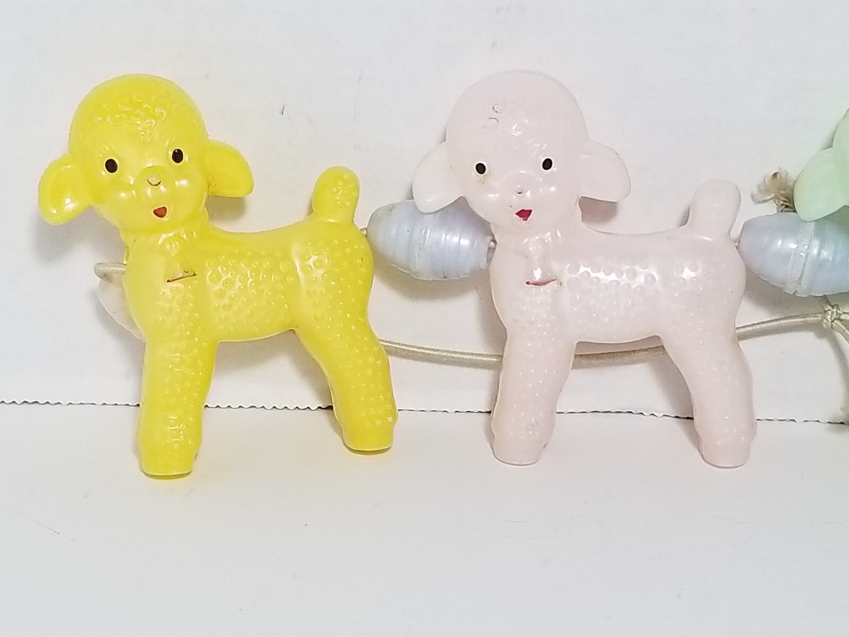 Set Of 5 Vintage Hard Plastic Lambs On String Baby Rattle