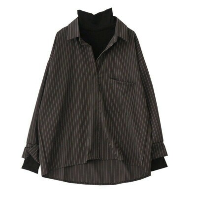 Women Stripe Shirt Blouse 2 In 1 Top Turtle Neck Gothic Harajuku Casua Loose