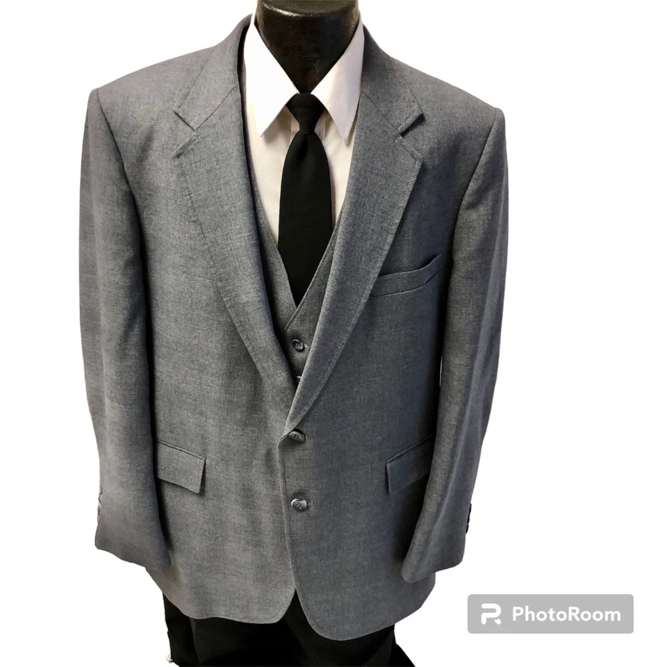 3 Pc Vtg 60's Steel Blue MOD Overcheck WALL STREET Bankers Suit Trousers Vest 44 - Image 2 of 4