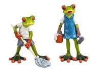 717733 Frosch Als Putzmann/Frau 16Cm Paar Aus Kunststein Gefertigt, Handbemalt