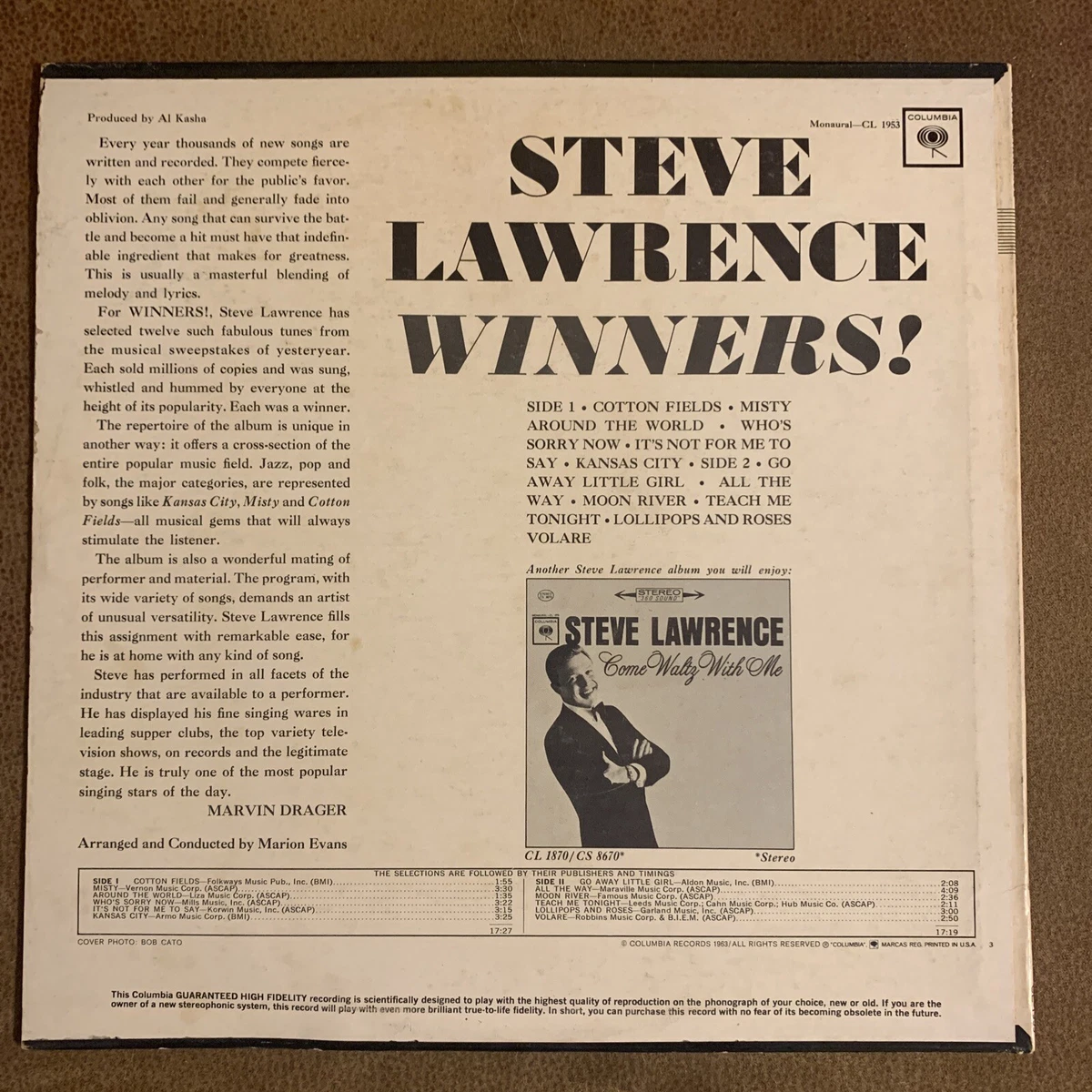 STEVE LAWRENCE WINNERS! VINYL LP ORIGINAL 1963 COLUMBIA RECORDS CL 1953, MONO EX