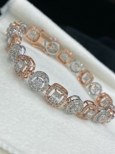 Pave 3.80 Cts Round Baguette Cut Diamonds Tennis Bracelet In 585 Solid 14K Gold - Picture 12 of 12