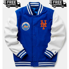 Wordmark New York Mets NY Royal Blue and White Varsity Wool With Leather Jacket