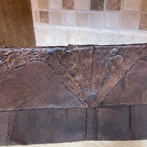 Vintage 80s Brown Lizard Exotic Leather Clutch Long Rectangle Handbag Purse - Picture 11 of 24