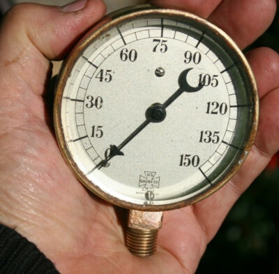 US Gauge Co. Vintage 150 lbs Pressure Gauge - Crescent Needle - Beveled Glass