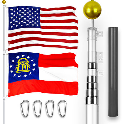20 Ft Telescoping Flagpole Silver & American and Georgia Flags Emb 300D 3x5Ft