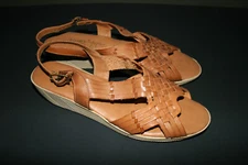 VTG Womens Whisper Steps Woven Leather Wedge Open Toe Sandals Tan Camel 7 1/2 M