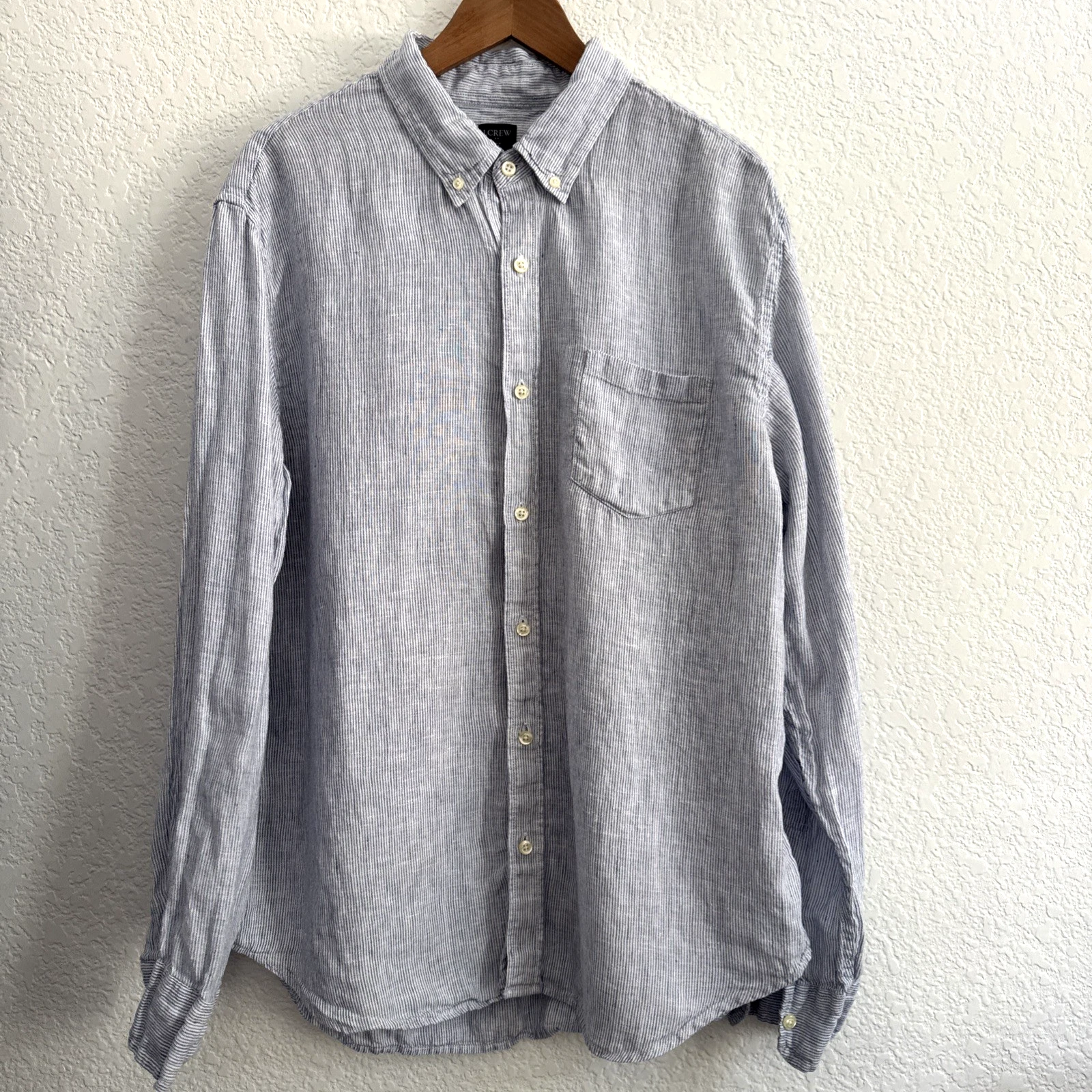 J Crew 100% Linen Button Up Blue Striped Long Sleeve Shirt