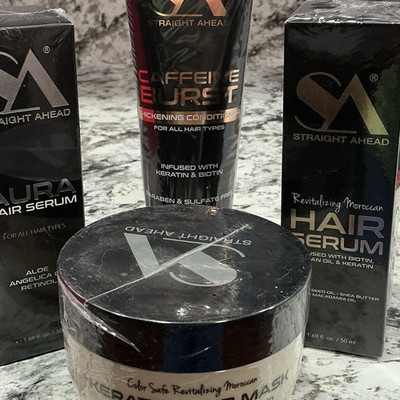 Straight Ahead Moroccan Hair Serum, Keratin Mask, Caffeine Burst Conditioner