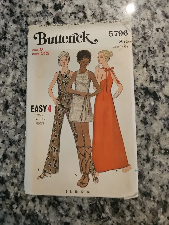 Vintage 1969 Butterick 5796 Sewing Pattern Pants Sleeveless Dress Tunic Sz 8 Cut - Image 2 of 4