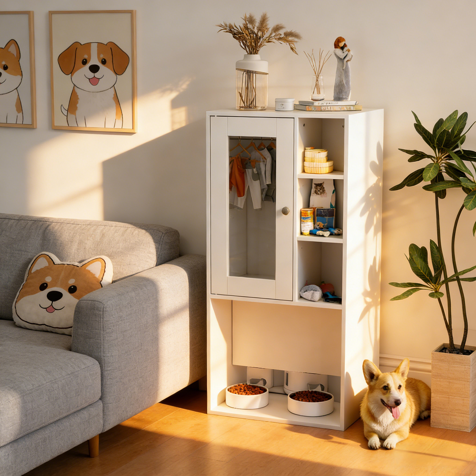 All-in-One Pet Station Cabinet w/ Hanging Rod,Feeding Area & Magnetic Glass Door
