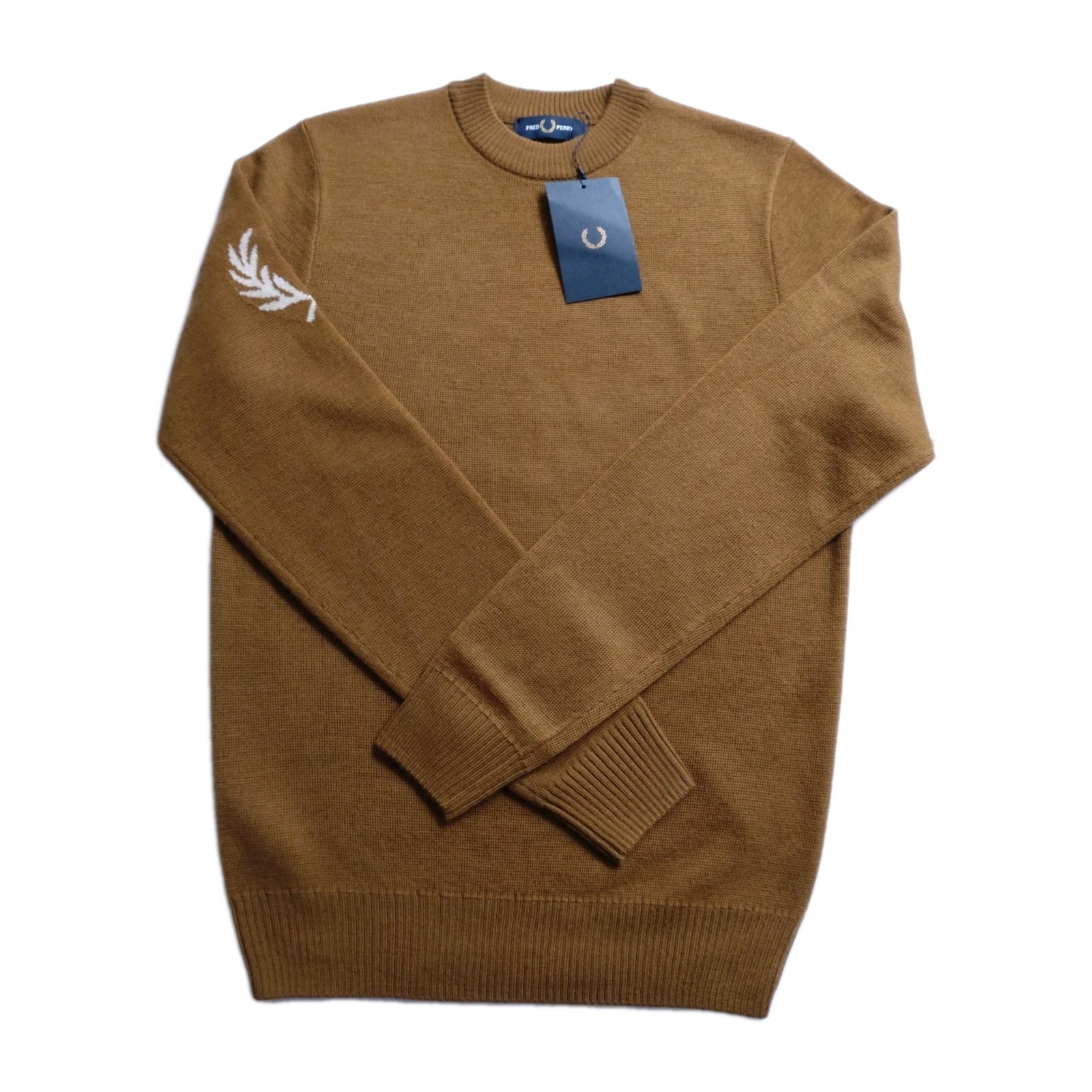 FRED PERRY * BNWT * SIZE XS DARK CARAMEL LAUREL WREATH JUMPER RRP £140 FREE P+P