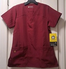 WonderWink Four Stretch Scrub Top Womens Size XS Wine Red V Neck Short Sleeve