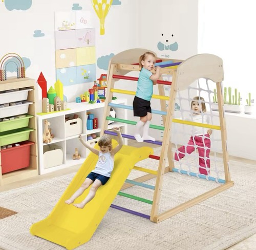 4-in-1 Jungle Gym Wooden Indoor Toddler Playground w/Slide-Colorful - Picture 4 of 6