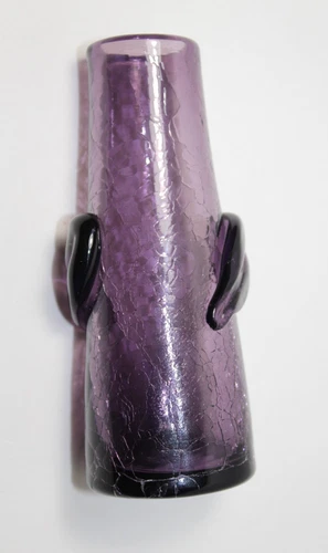 Lilac Amethyst Purple CRACKLE GLASS Bud Vase Tapered Leaf Leaves Blenko 1950-60