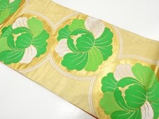 7779054: JAPANESE KIMONO Antique Woven pouch obi with peony design in circle Ma