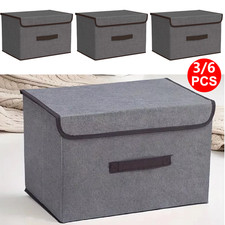 3/6PCS Foldable Canvas Storage Boxes Folding Fabric Clothes Baskets with Lid UK
