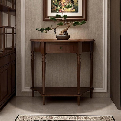 Half Moon Console Table Solid Wood Entryway Table with Drawer Walnut Shelf