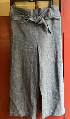 MSGM Milano Blue Linen Cotton Chambray Women's Wide Leg Belted Pants US 6 IT 40