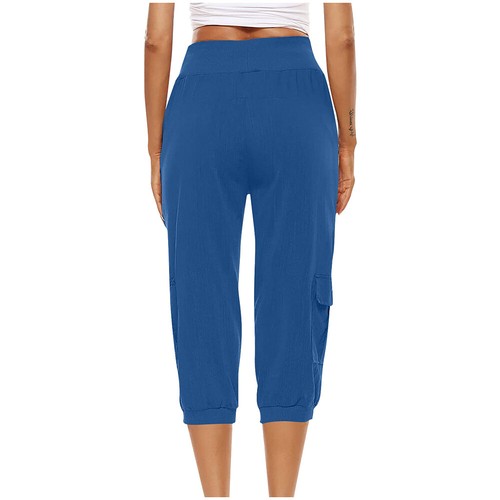 Women High Waist Cargo 3/4 Length Pants Ladies Pocket Straight Leg Capri Trouser - Picture 7 of 17