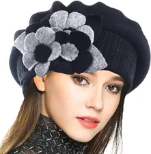 Women's French Beret 100% Wool Beret Floral Dress Beanie Winter Hat