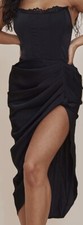 Prettylittlething Black Lace Trim Corset Satin Pleat MIDI Dress UK4