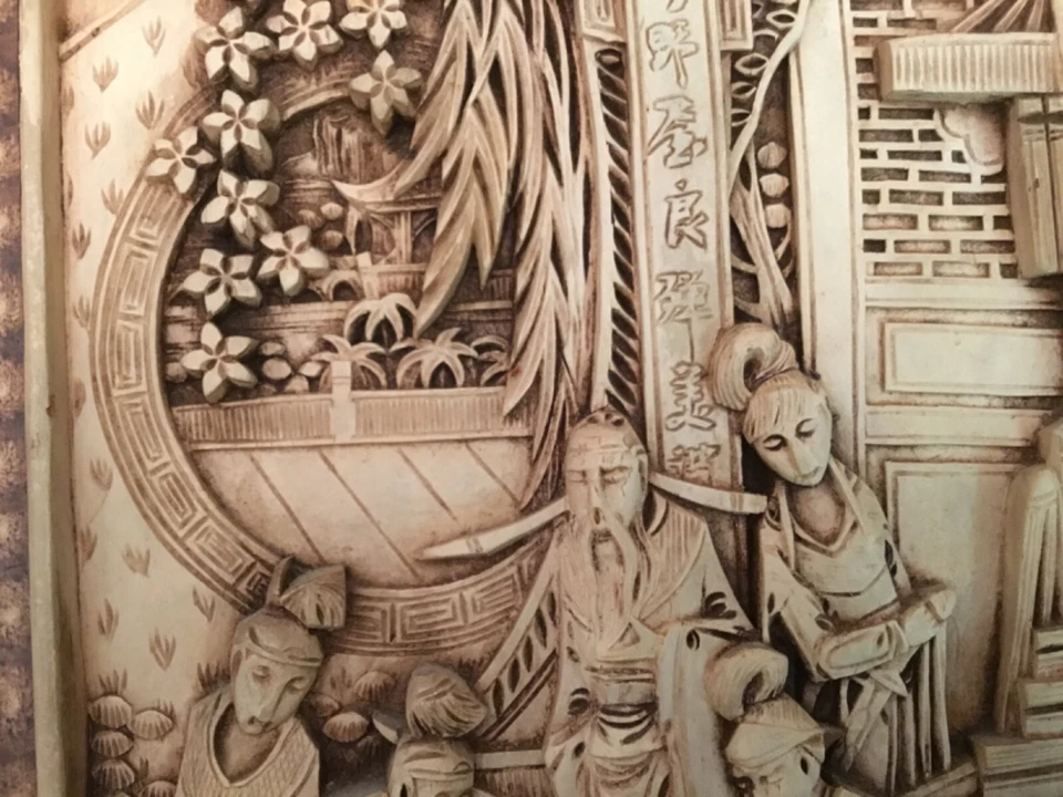 Antiguo panel chino tallado en madera de principios de 1900. Foto 4 de 4