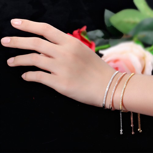 Brazalete Brazalete Ajustable Delgado Plateado Mujer Circón Cúbico Boda Joyería - Imagen 9 de 13