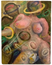 Canvas Oil Painting Jupiter Rings Coffee Nude Woman Surrealism Abstract 14"x11"